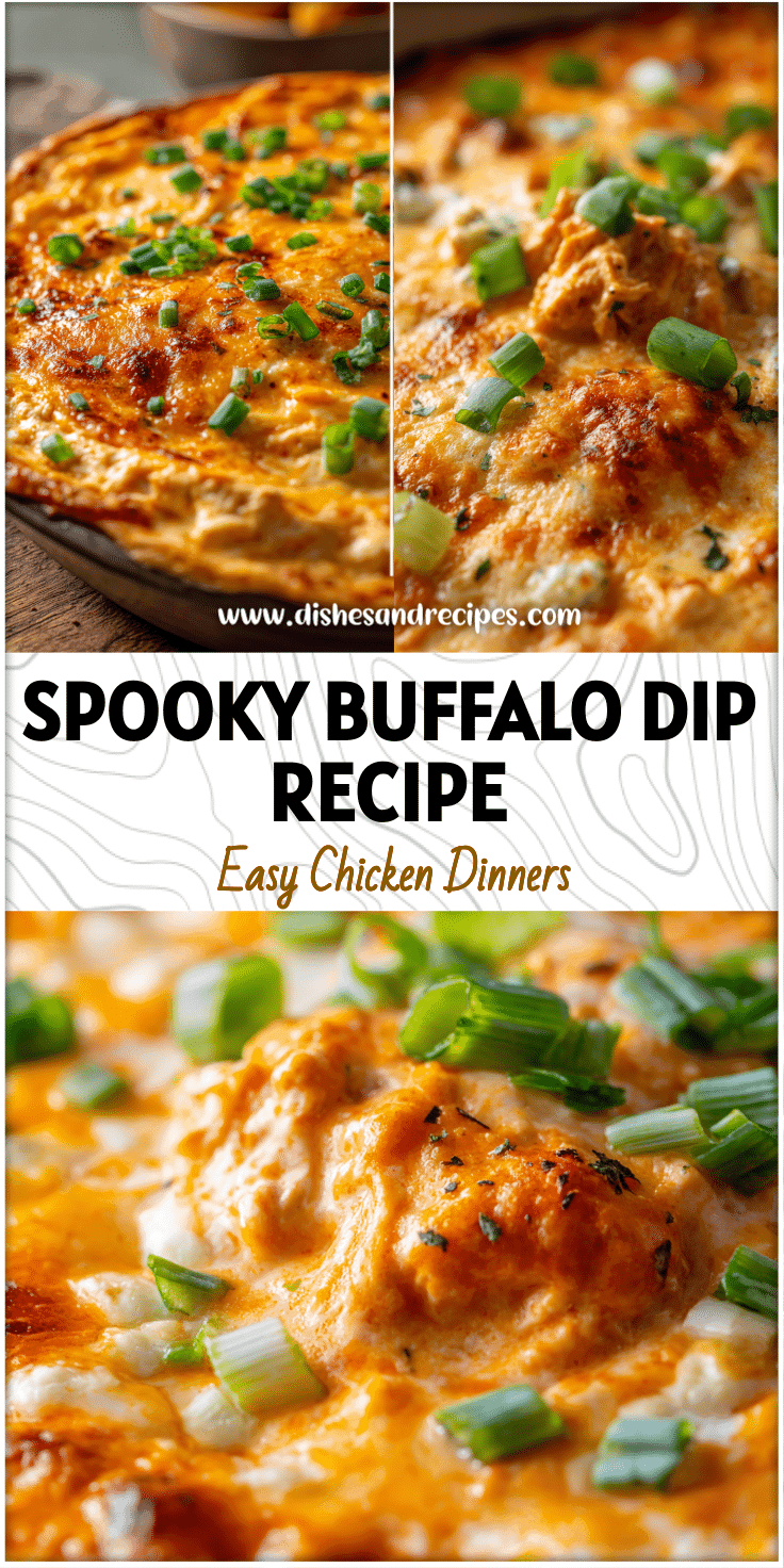 Close-up of spooky Halloween Buffalo Chicken Dip in a crockpot topped with melted cheese and green onion garnish.